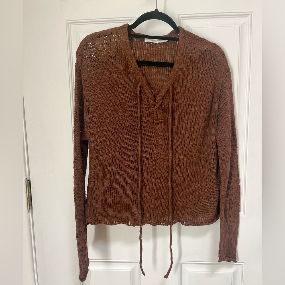 Savannah Morrow lace up brown knit sweater 100% tanguis cotton‎ NWOT